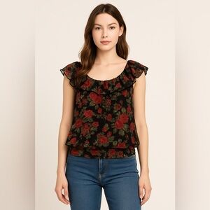 Suzy Shier Black Rose Sheer Ruffle Blouse Women’s Small Flutter Sleeve Romantic
